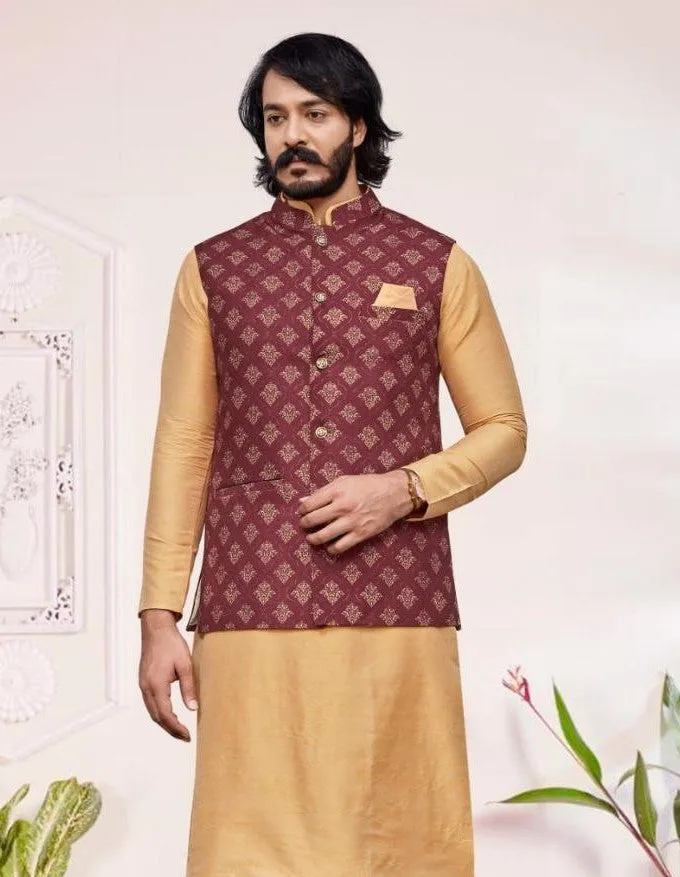 Elegant Sandal Color Wedding Silk Kurta Pajama With Jacket