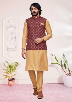 Elegant Sandal Color Wedding Silk Kurta Pajama With Jacket