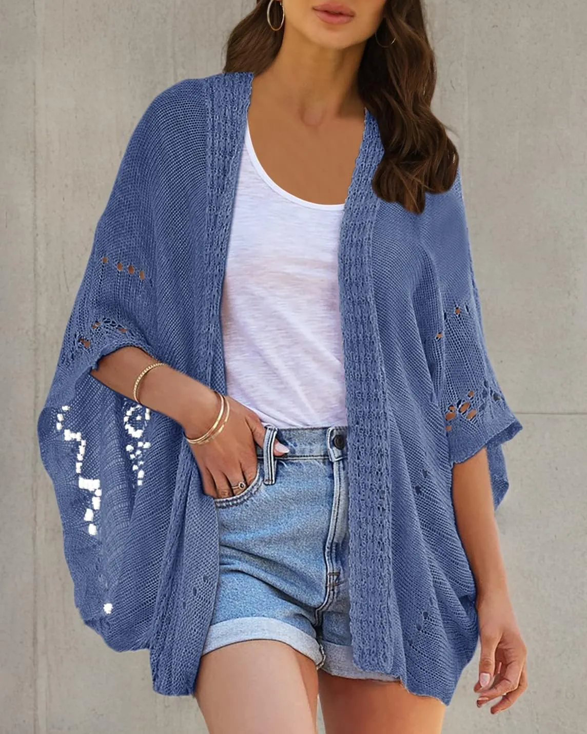 Ermonn Crochet Cardigan Sweaters for Women Open Front Kimono Batwing Sleeve Plain Casual Lightweight Outerwear