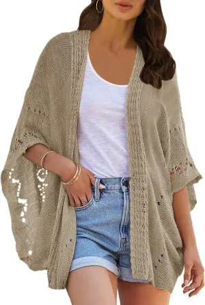 Ermonn Crochet Cardigan Sweaters for Women Open Front Kimono Batwing Sleeve Plain Casual Lightweight Outerwear