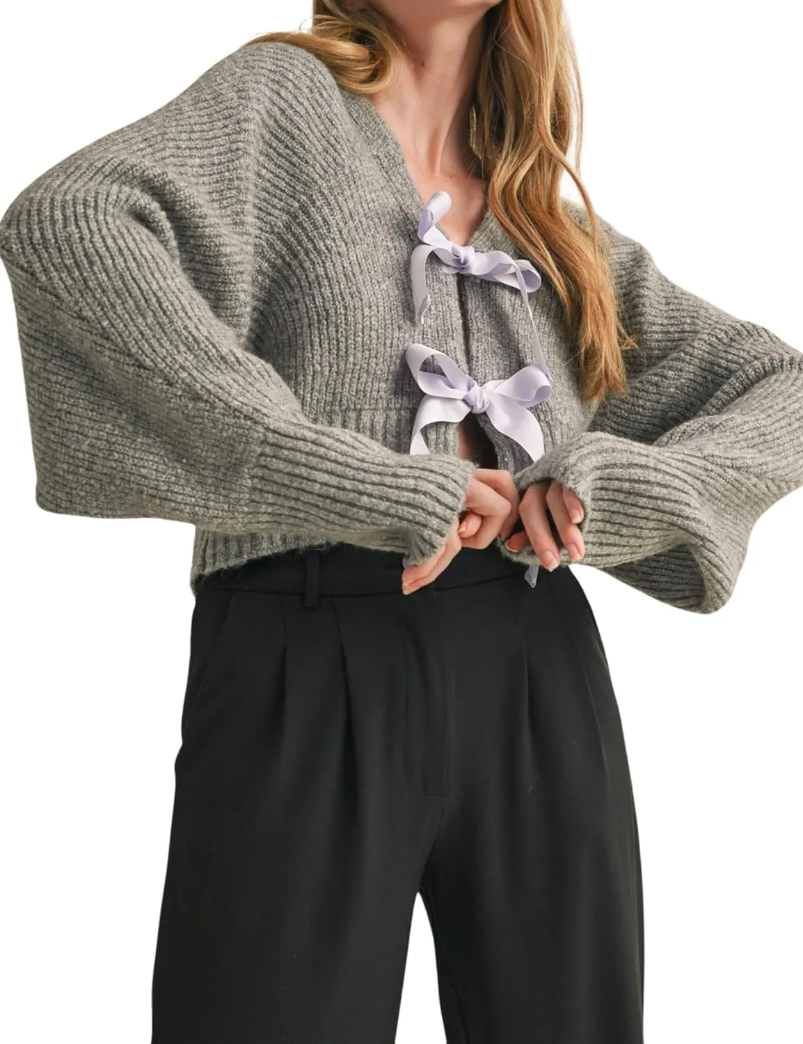 Esmeling Womens Long Sleeve Crop Cardigan Sweaters Chic Loose V Neck Knit Sweater Outerwear with Bow Tie