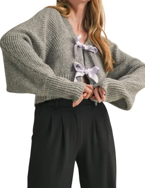 Esmeling Womens Long Sleeve Crop Cardigan Sweaters Chic Loose V Neck Knit Sweater Outerwear with Bow Tie