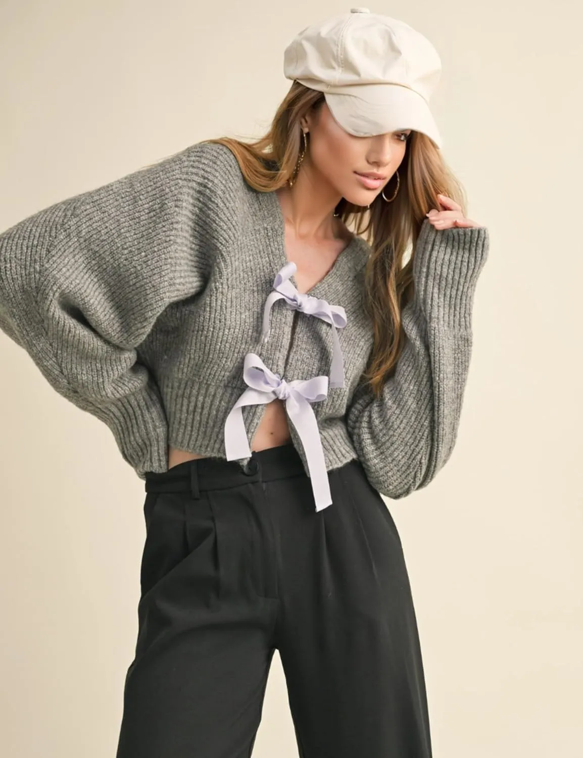 Esmeling Womens Long Sleeve Crop Cardigan Sweaters Chic Loose V Neck Knit Sweater Outerwear with Bow Tie