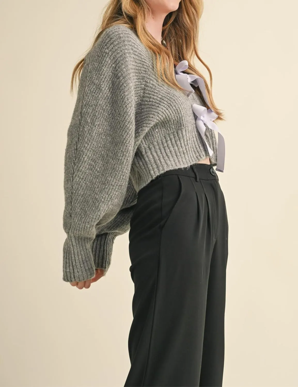 Esmeling Womens Long Sleeve Crop Cardigan Sweaters Chic Loose V Neck Knit Sweater Outerwear with Bow Tie