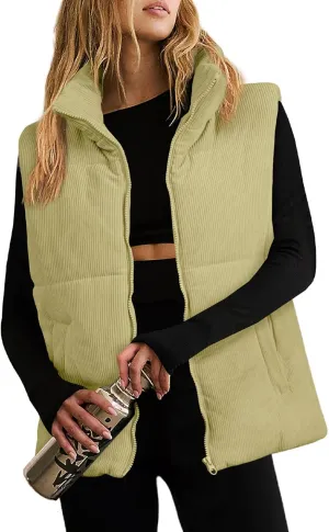 EVALESS Corduroy Cropped Puffer Vest for Women Lightweight Stand Collar Sleeveless Jackets Zip Up Clothes Fashion 2024