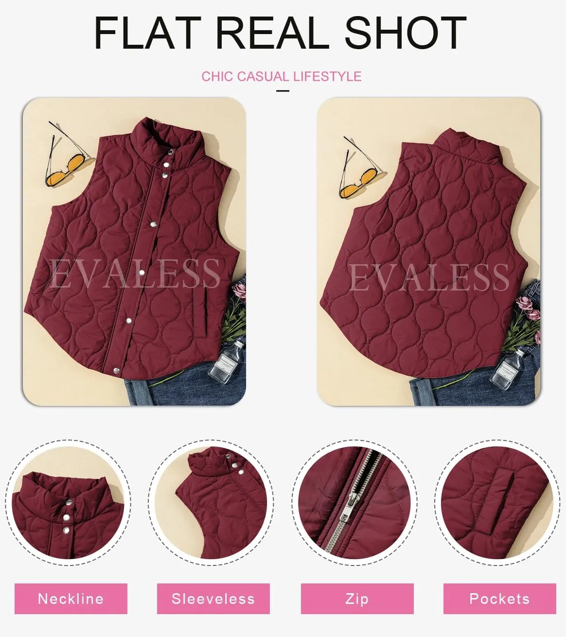 EVALESS Cropped Puffer Vest Women Lightweight Quilted Stand Collar Sleeveless Jackets Fall Spring 2025 Button Zip Up Coat