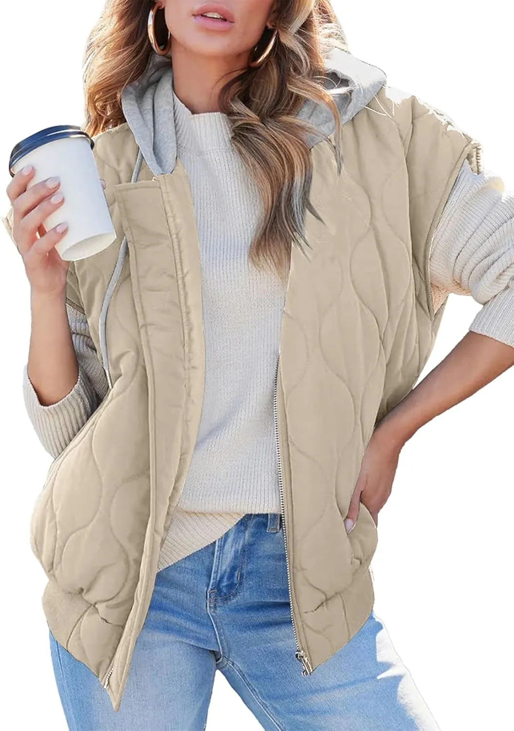 EVALESS Hooded Puffer Vest Women 2024 Zip Up Sleeveless Quilted Vests with Pockets