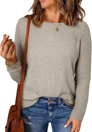 EVALESS Womens Sweaters Casual Long Sleeve Crewneck Cable Knit Lightweight Oversized Crochet Sweater Pullover Tops