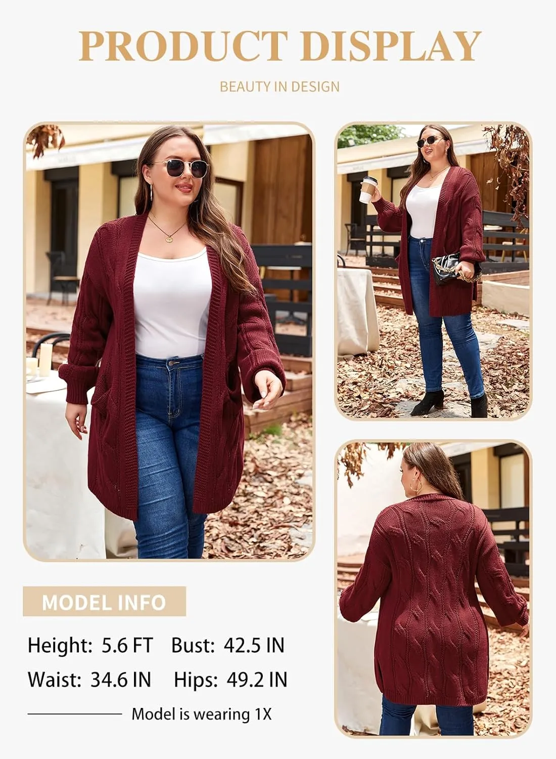 Eytino Plus Size Cardigans for Women Open Front Long Sleeves Lightweight Fall Sweaters with Pockets(1X-5X)