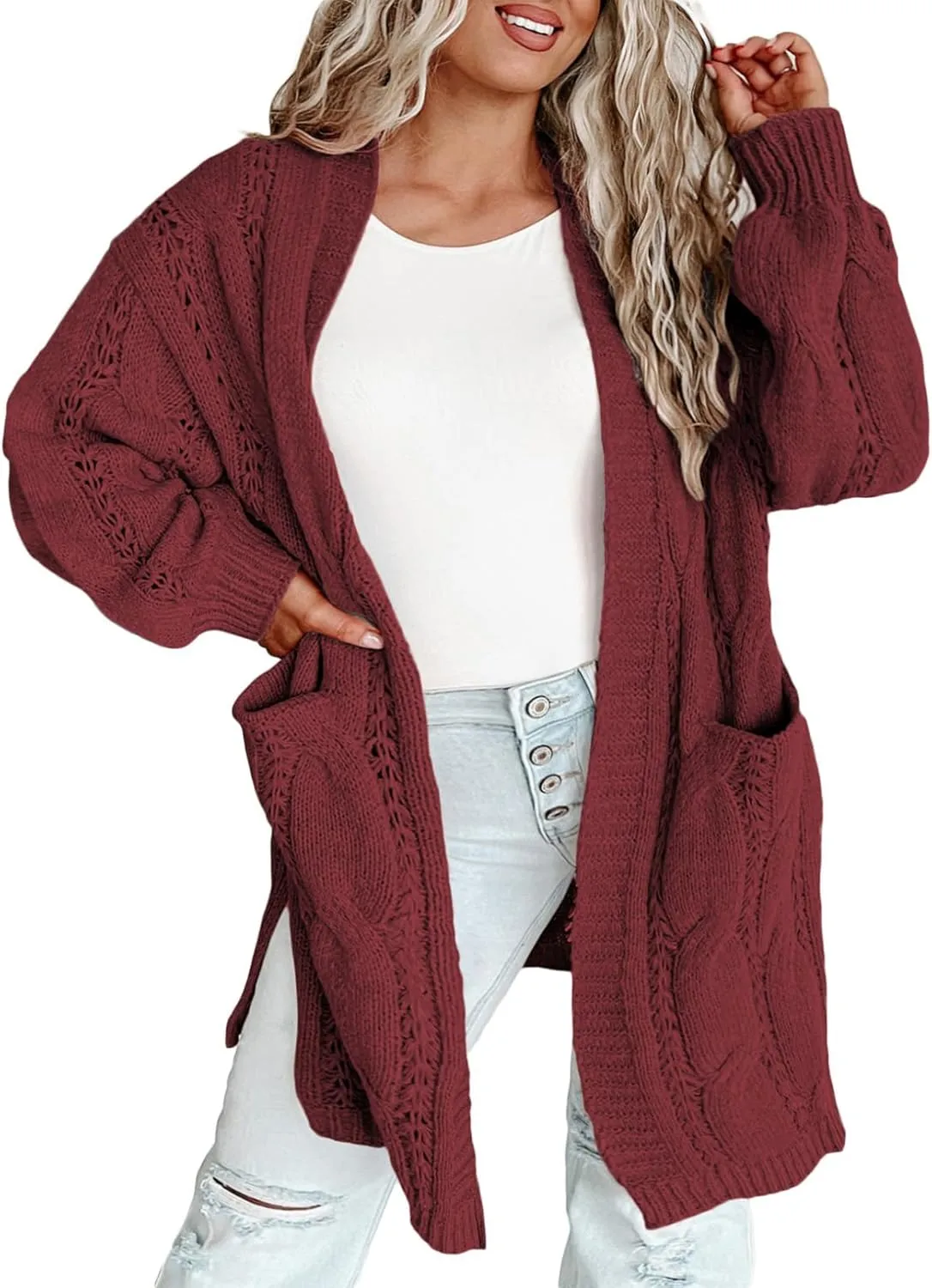 Eytino Plus Size Cardigans for Women Open Front Long Sleeves Lightweight Fall Sweaters with Pockets(1X-5X)