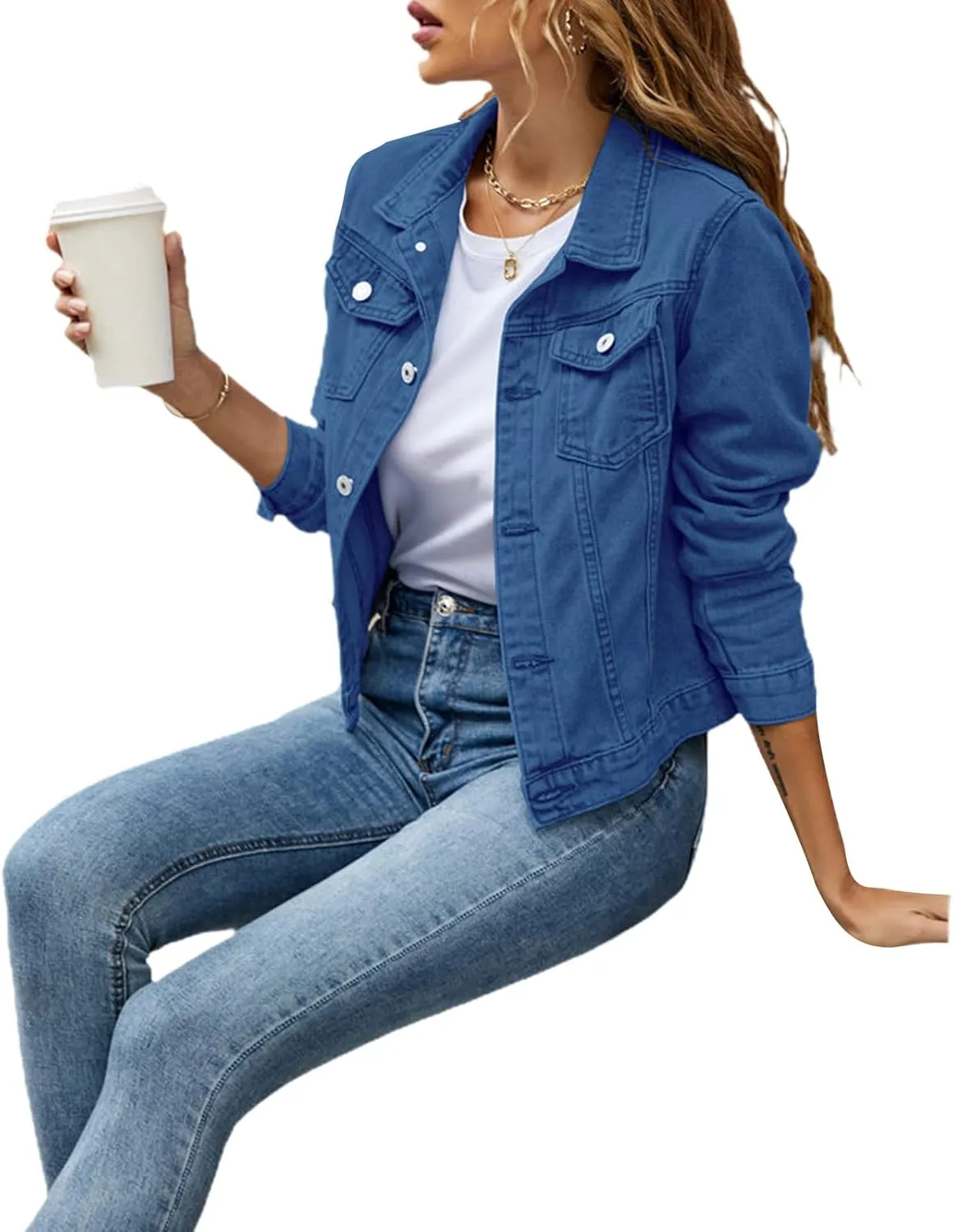 Fanvereka Jean Jackets for Women Fashion Casual Denim Jacket Long Sleeve Button Down Chest Pocket Coat