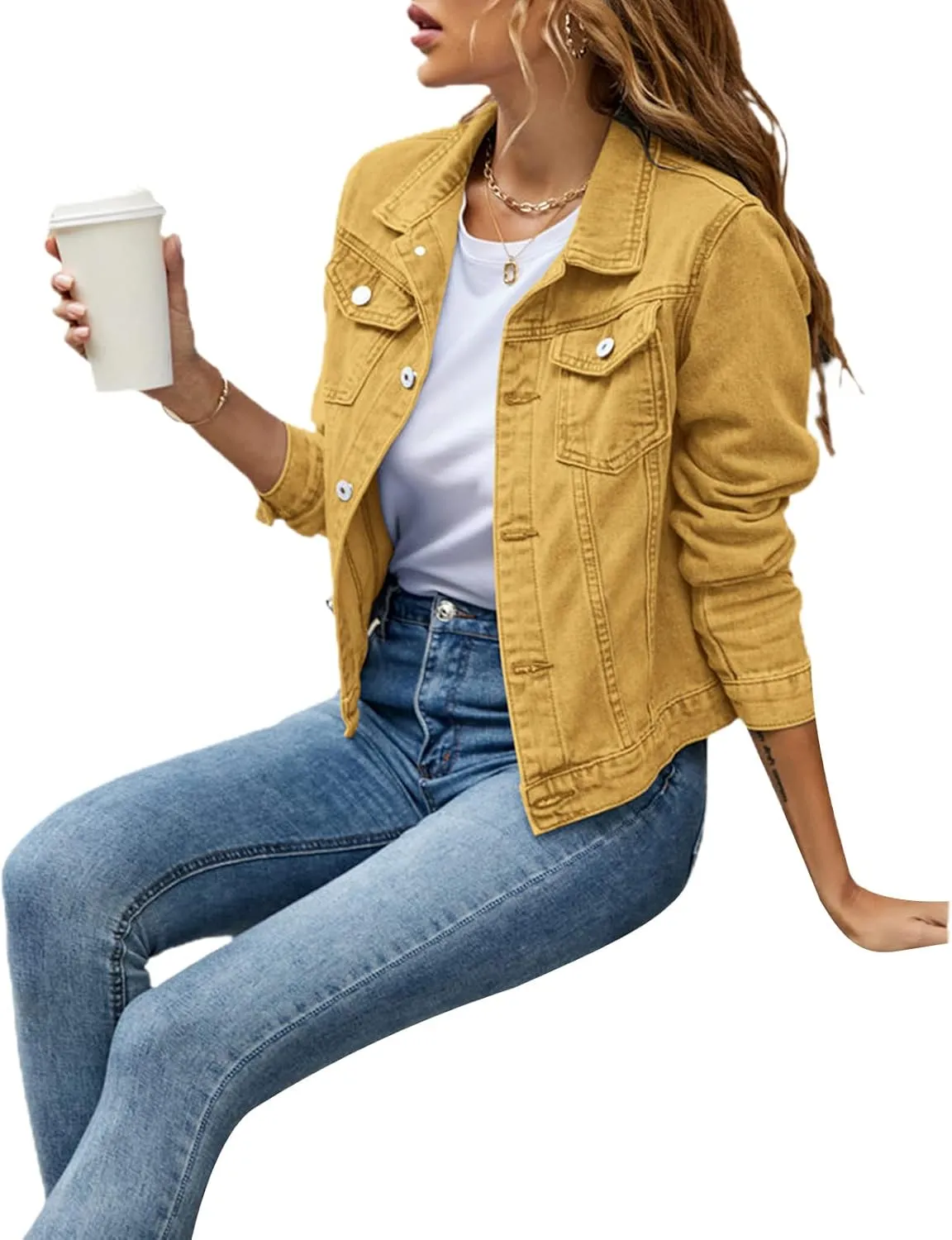 Fanvereka Jean Jackets for Women Fashion Casual Denim Jacket Long Sleeve Button Down Chest Pocket Coat