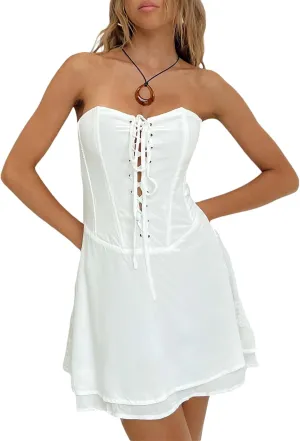 Faretumiya Women Tube Top Swing Mini Dress Strapless Sleeveless Backless Pleated Prom Short Dress Y2k A-Line Beach Sundress