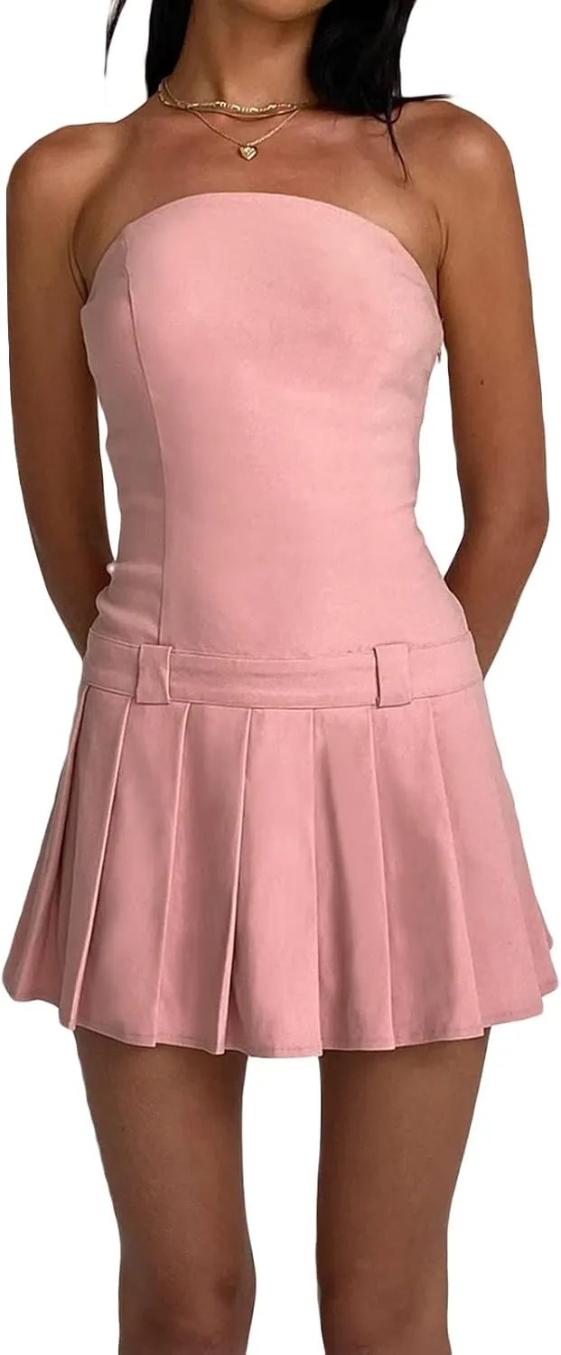 Faretumiya Women Tube Top Swing Mini Dress Strapless Sleeveless Backless Pleated Prom Short Dress Y2k A-Line Beach Sundress