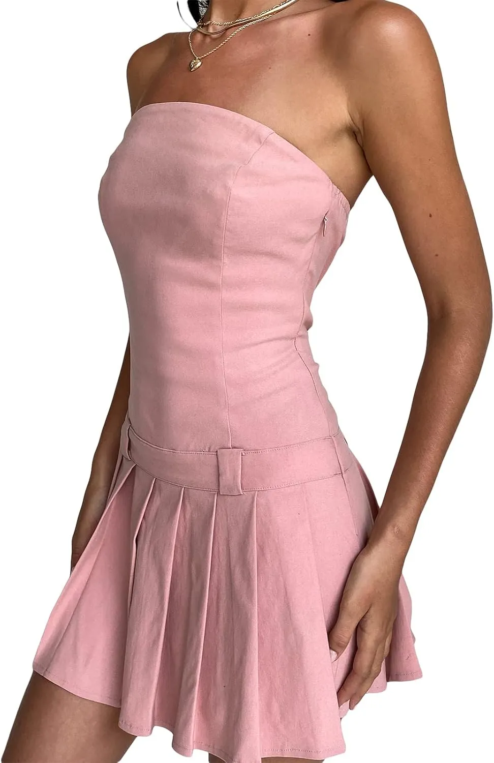 Faretumiya Women Tube Top Swing Mini Dress Strapless Sleeveless Backless Pleated Prom Short Dress Y2k A-Line Beach Sundress