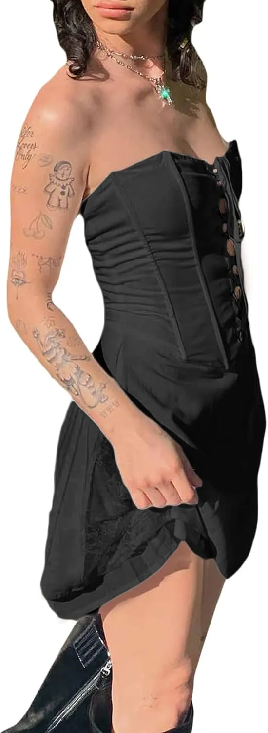 Faretumiya Women Tube Top Swing Mini Dress Strapless Sleeveless Backless Pleated Prom Short Dress Y2k A-Line Beach Sundress