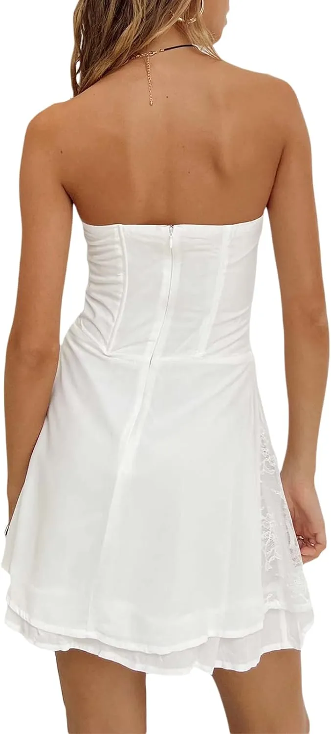 Faretumiya Women Tube Top Swing Mini Dress Strapless Sleeveless Backless Pleated Prom Short Dress Y2k A-Line Beach Sundress