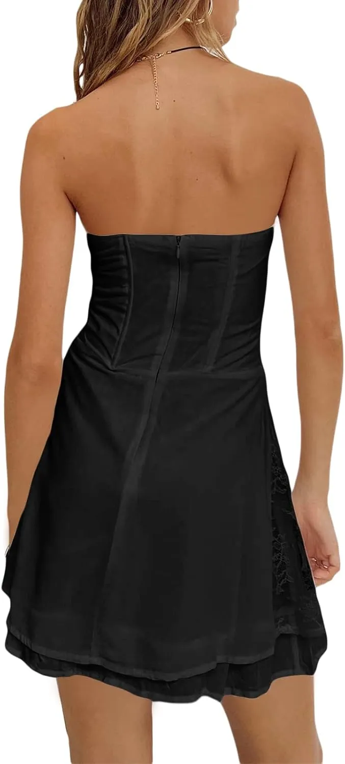 Faretumiya Women Tube Top Swing Mini Dress Strapless Sleeveless Backless Pleated Prom Short Dress Y2k A-Line Beach Sundress