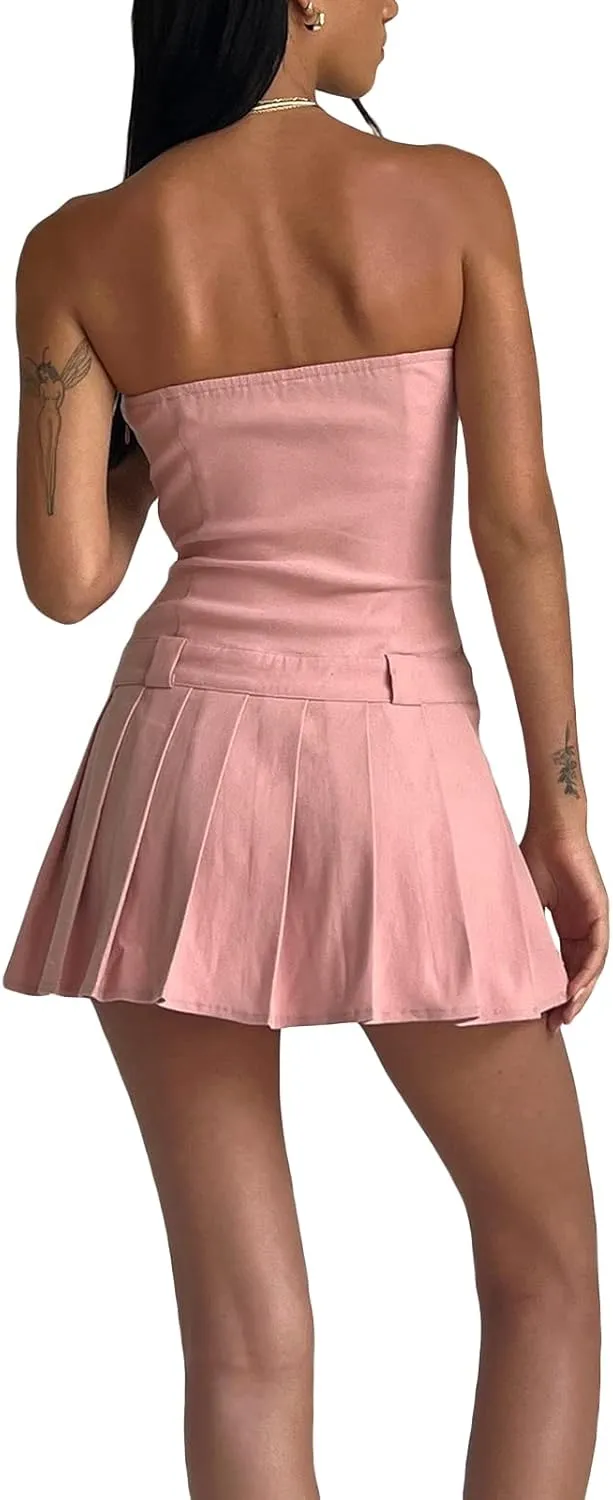 Faretumiya Women Tube Top Swing Mini Dress Strapless Sleeveless Backless Pleated Prom Short Dress Y2k A-Line Beach Sundress