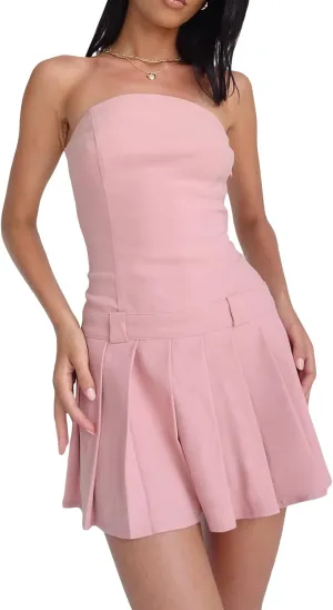 Faretumiya Women Tube Top Swing Mini Dress Strapless Sleeveless Backless Pleated Prom Short Dress Y2k A-Line Beach Sundress