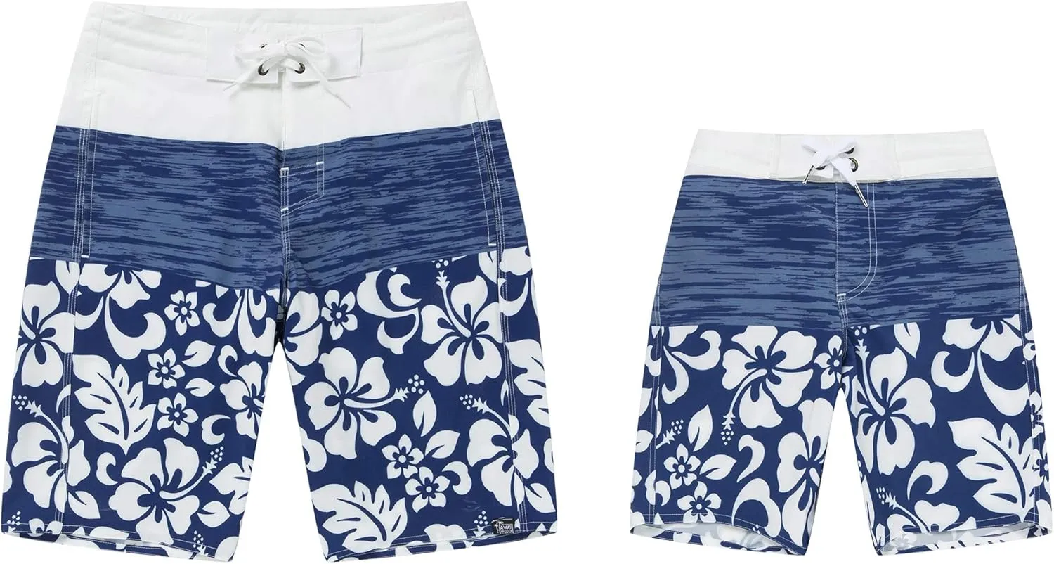 Father Son Matching Hawaiian Beach Board Shorts Swimwear Spandex in Classis Hibiscus Print