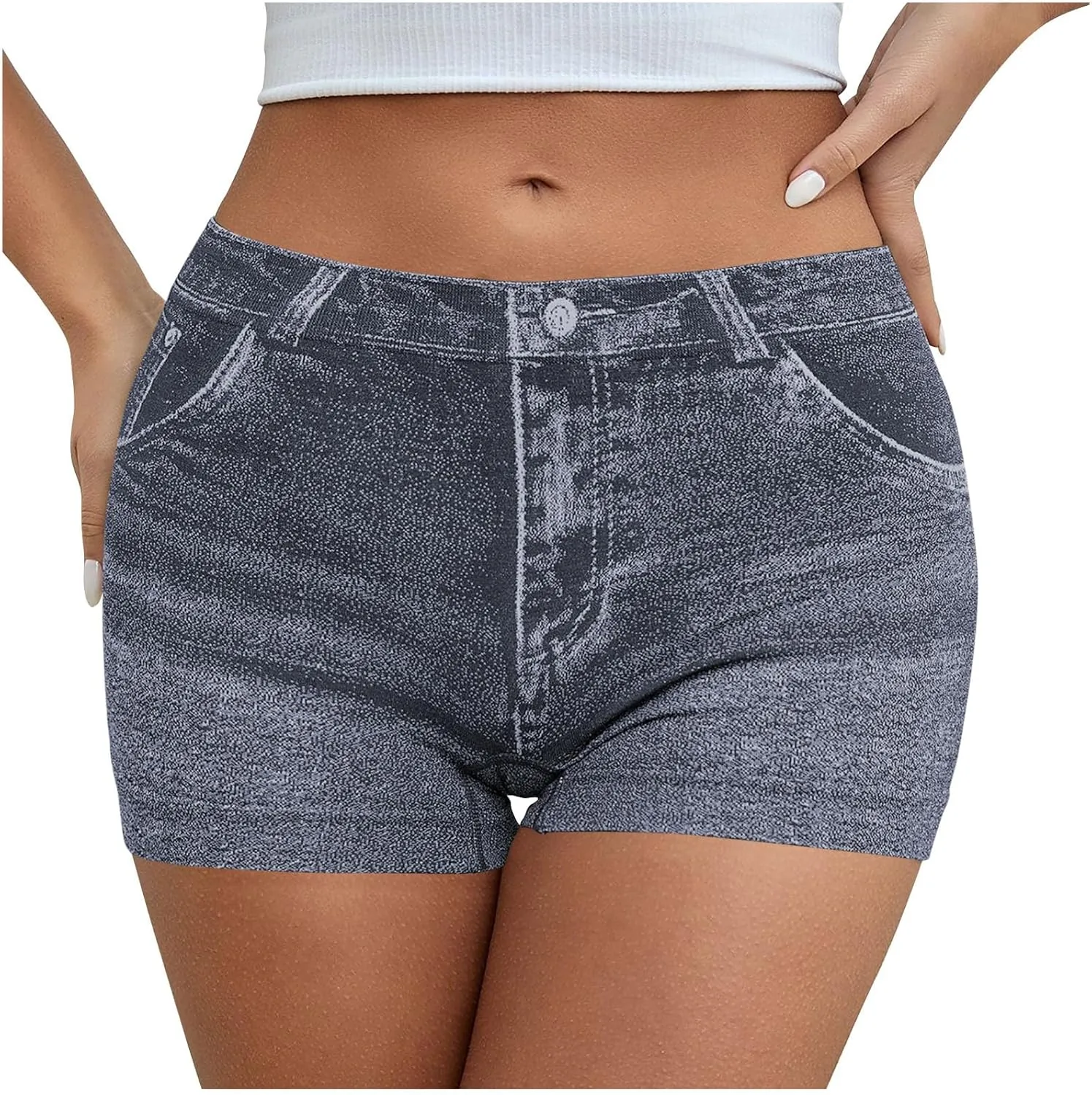 Faux Jeans Shorts for Women Summer Mid Rise Stretchy Denim Shorts Butt Lifting Slimming Ripped Shorts for Curvy Women