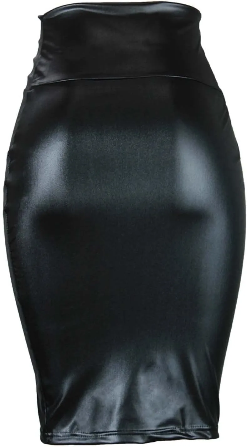 Faux Leather Bodycon Skirt for Women Sexy High Waist Pencil Skirt Clubwear Slim Fit Stretch Midi Skirt