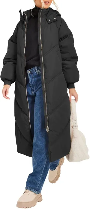 Fazortev Women's Long Winter Puffer Coat Maxi Quilted Jackets Warm Padded Coat Hooded Over Knee Outerwear