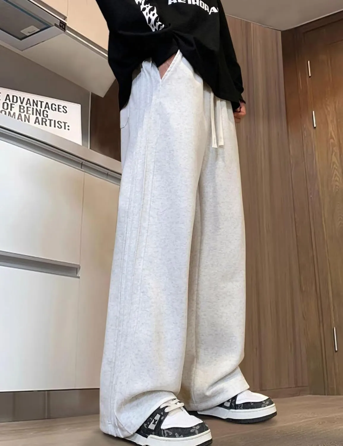 FCOOLYEET Mens Wide Leg Jogger Sweatpants Baggy Track Pants Athletic Drawstring Baggy Pants Streetwear