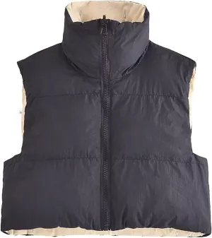 FindThy Women's Crop Puffer Vest Drawstring Full-Zip Reversible Puffy Vest Winter Waistcoat