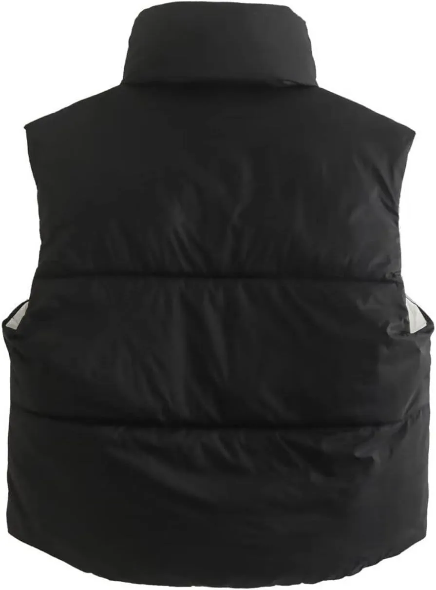 FindThy Women's Crop Puffer Vest Drawstring Full-Zip Reversible Puffy Vest Winter Waistcoat