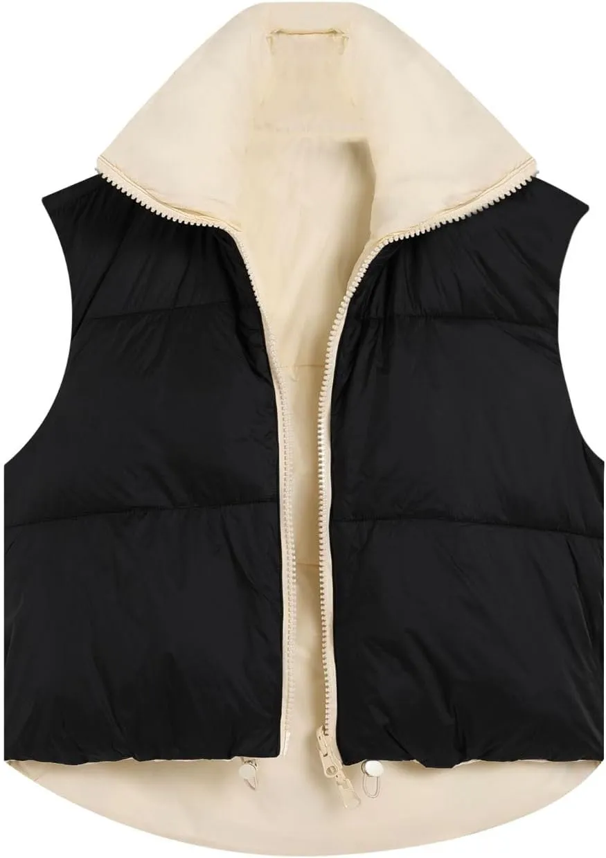 FindThy Women's Crop Puffer Vest Drawstring Full-Zip Reversible Puffy Vest Winter Waistcoat