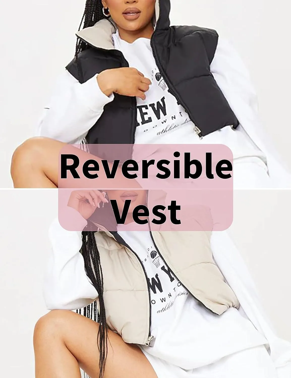 FindThy Women's Crop Puffer Vest Drawstring Full-Zip Reversible Puffy Vest Winter Waistcoat