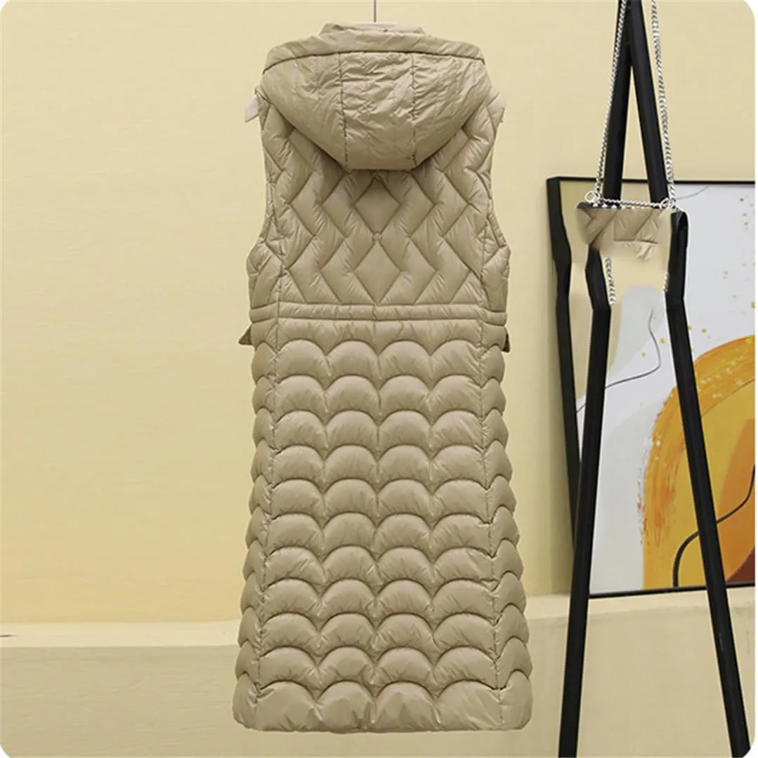 Fjnbbiot Winter Sleeveless Puffer Vest Women Long Cotton Padded Hooded Vest Fashion Coat