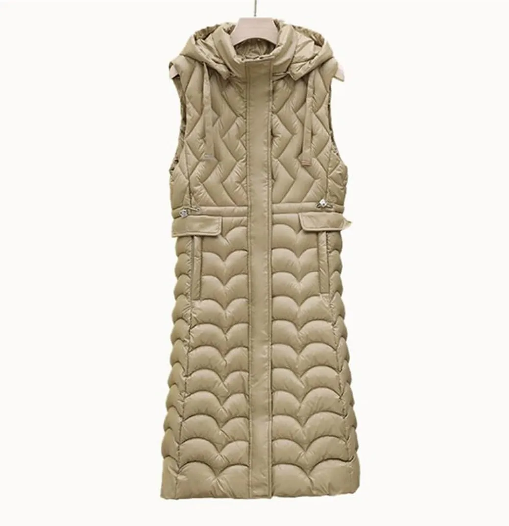 Fjnbbiot Winter Sleeveless Puffer Vest Women Long Cotton Padded Hooded Vest Fashion Coat
