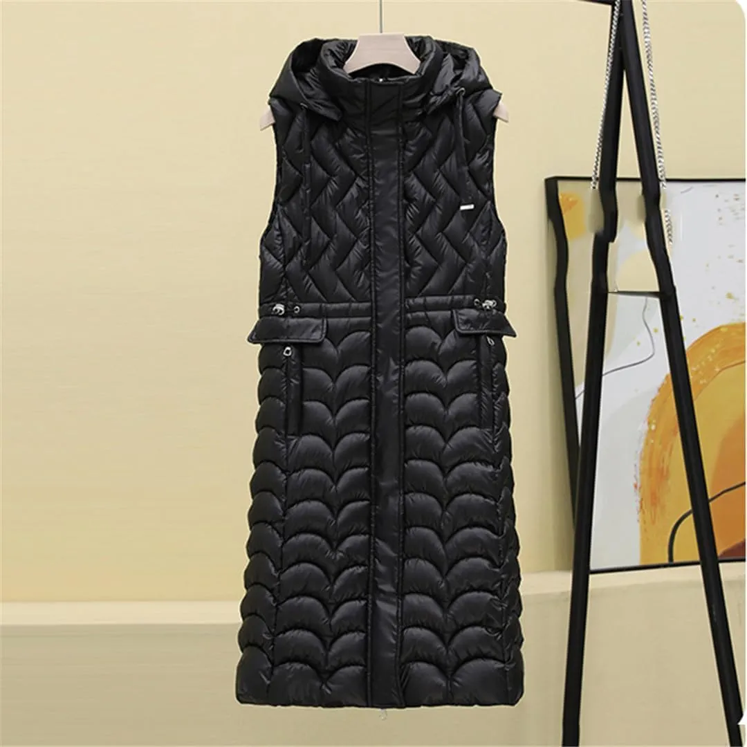 Fjnbbiot Winter Sleeveless Puffer Vest Women Long Cotton Padded Hooded Vest Fashion Coat