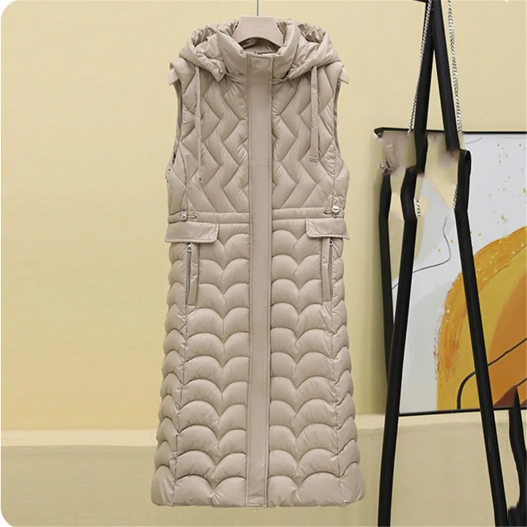 Fjnbbiot Winter Sleeveless Puffer Vest Women Long Cotton Padded Hooded Vest Fashion Coat