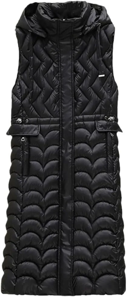 Fjnbbiot Winter Sleeveless Puffer Vest Women Long Cotton Padded Hooded Vest Fashion Coat