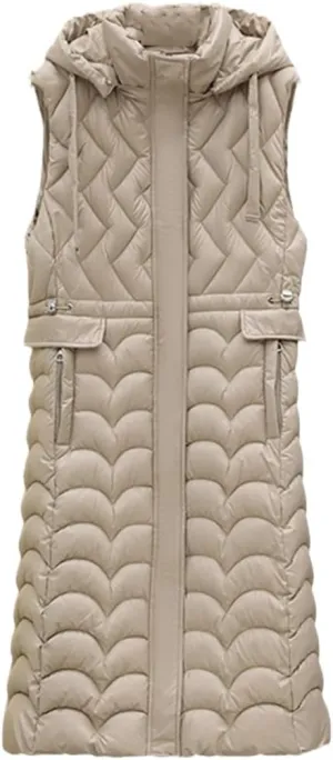 Fjnbbiot Winter Sleeveless Puffer Vest Women Long Cotton Padded Hooded Vest Fashion Coat