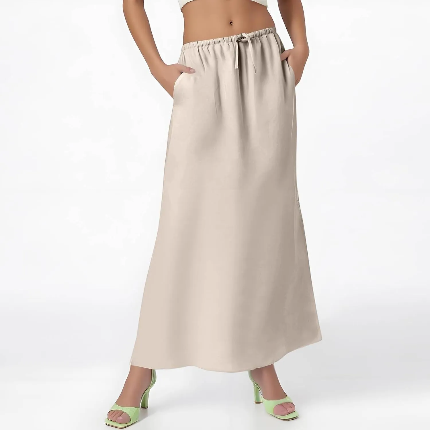 Flared Maxi Skirt for Women Summer Comfortable Drawstring High Waisted Skort Casual Solid Color A Line Beach Skirts