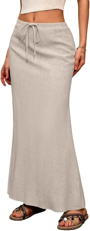 Flared Maxi Skirt for Women Summer Comfortable Drawstring High Waisted Skort Casual Solid Color A Line Beach Skirts