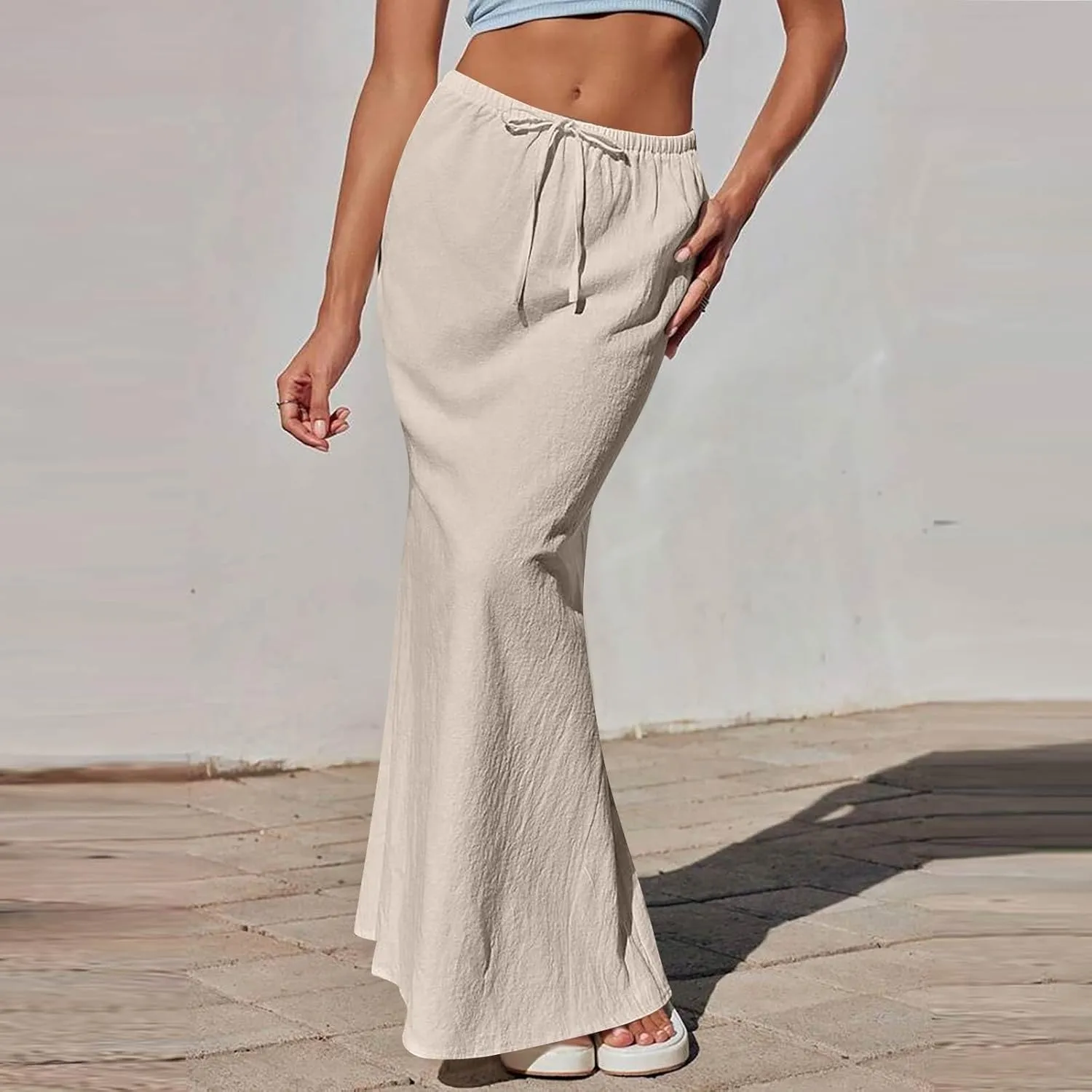 Flared Maxi Skirt for Women Summer Comfortable Drawstring High Waisted Skort Casual Solid Color A Line Beach Skirts