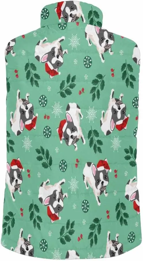 Fleece Vest French Dog Holly Berry Men'S Puffer Vest Quilted Sleeveless Jacket Outerwear Winter Outdoor Warm