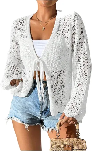 Floerns Women's Tie Front Crochet Lightweight Long Sleeve Cardigan Sweaters Boho Beach Hollow Out Lace Cover Up