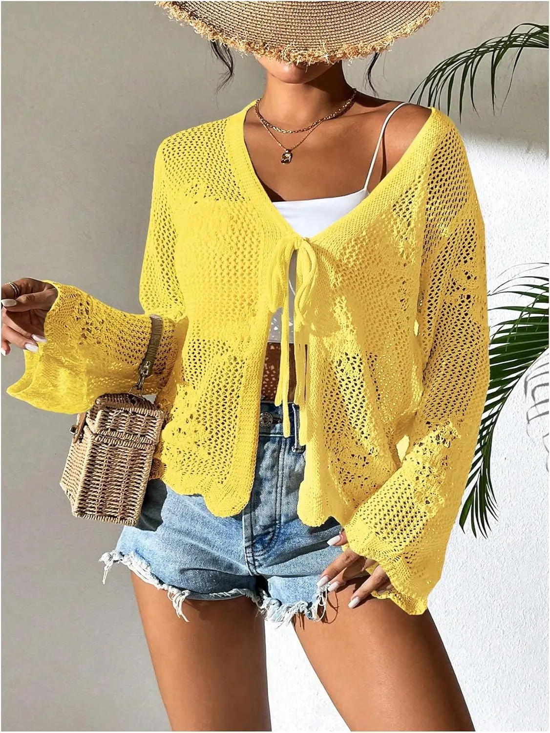 Floerns Women's Tie Front Crochet Lightweight Long Sleeve Cardigan Sweaters Boho Beach Hollow Out Lace Cover Up