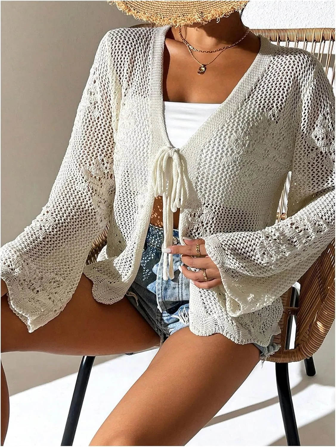 Floerns Women's Tie Front Crochet Lightweight Long Sleeve Cardigan Sweaters Boho Beach Hollow Out Lace Cover Up