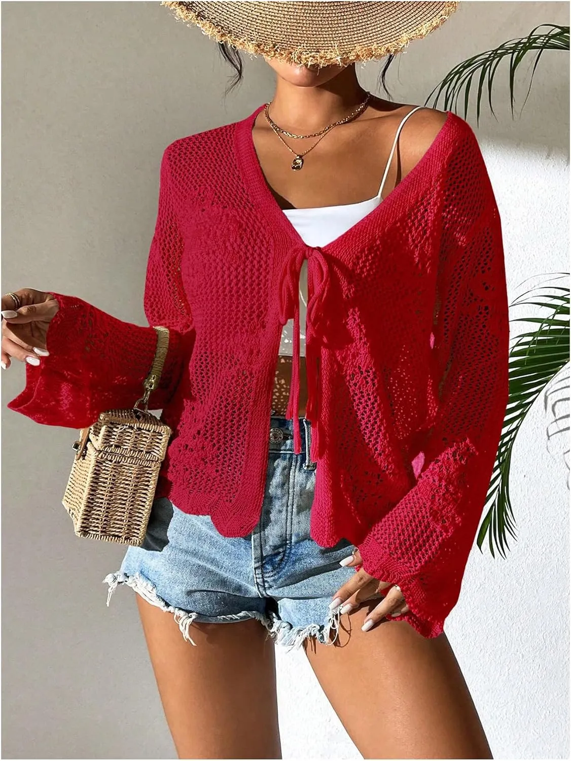 Floerns Women's Tie Front Crochet Lightweight Long Sleeve Cardigan Sweaters Boho Beach Hollow Out Lace Cover Up