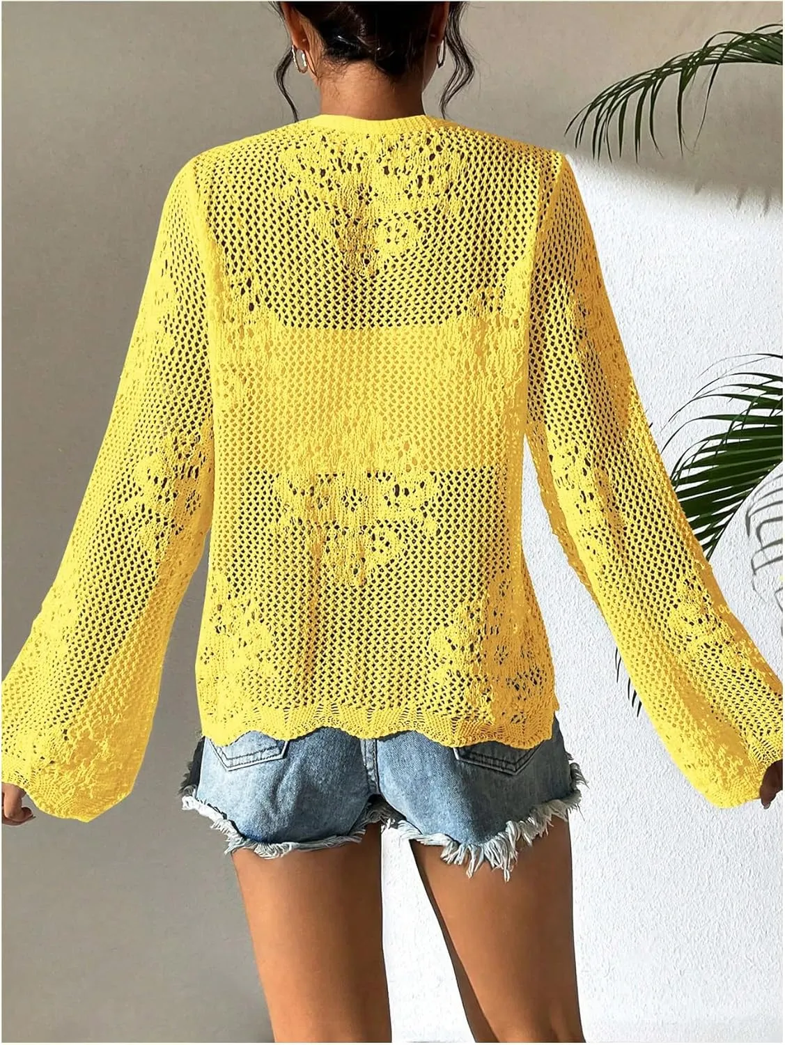 Floerns Women's Tie Front Crochet Lightweight Long Sleeve Cardigan Sweaters Boho Beach Hollow Out Lace Cover Up