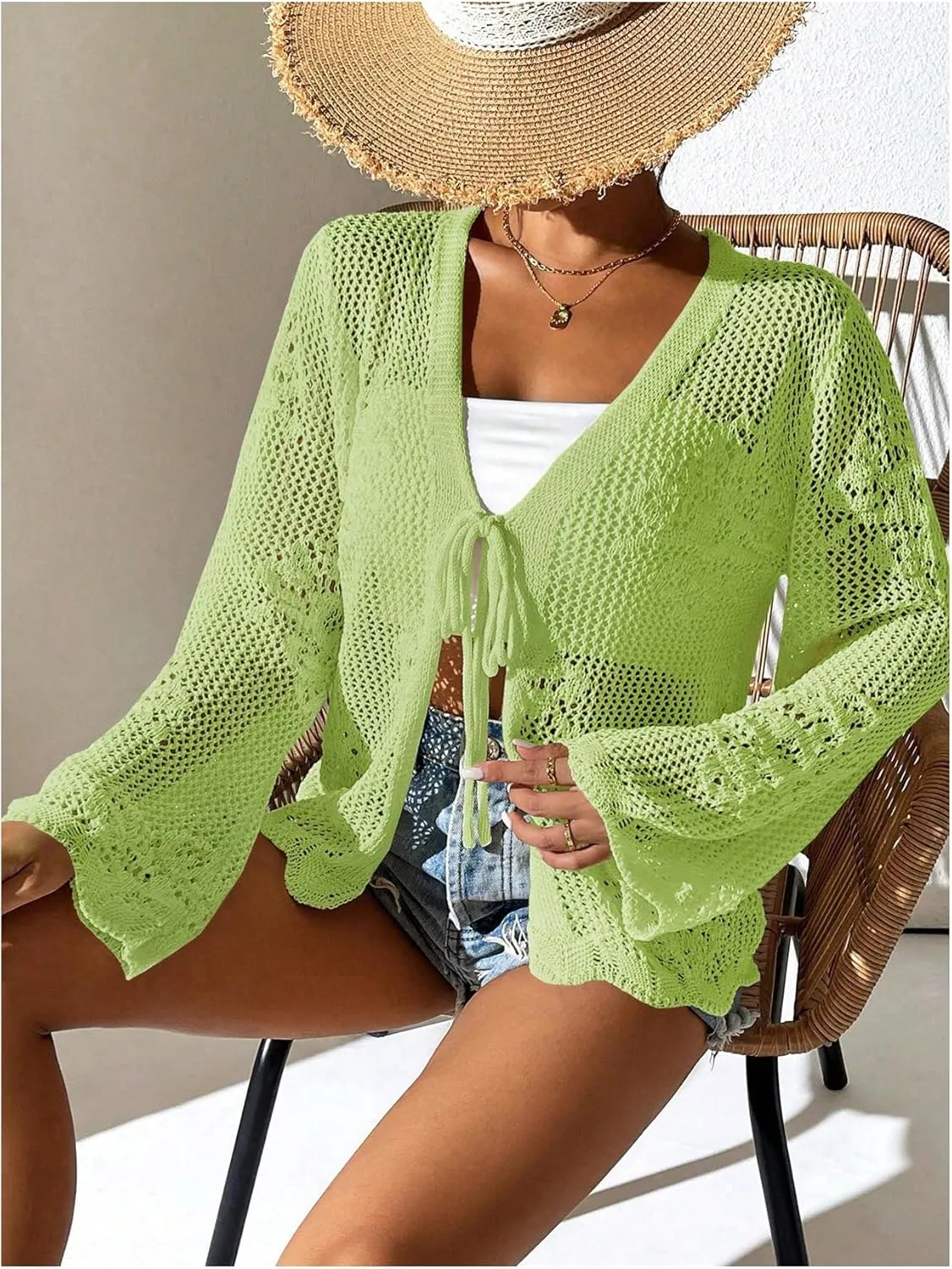 Floerns Women's Tie Front Crochet Lightweight Long Sleeve Cardigan Sweaters Boho Beach Hollow Out Lace Cover Up