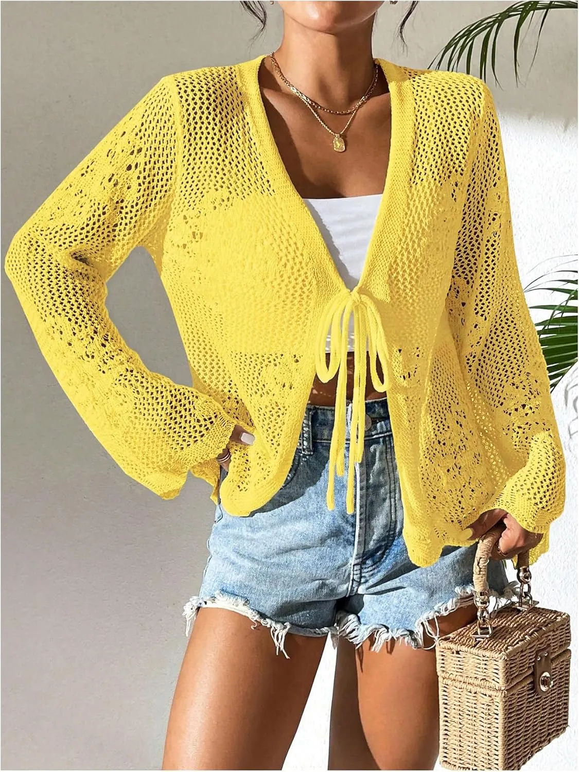 Floerns Women's Tie Front Crochet Lightweight Long Sleeve Cardigan Sweaters Boho Beach Hollow Out Lace Cover Up